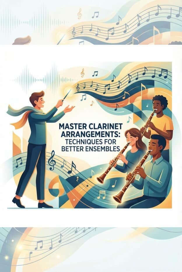 An illustration of musicians practicing clarinet arrangements with a conductor, emphasizing master clarinet arrangements and techniques for better ensemble performance.