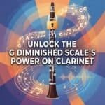 G Whole-Half Diminished Scale on Clarinet: Fingerings, Uses & Practice Close-up of a clarinet with a lock symbol, musical notes, and colorful abstract background, highlighting clarinet features and the G diminished scale for music education and instrument enthusiasts.