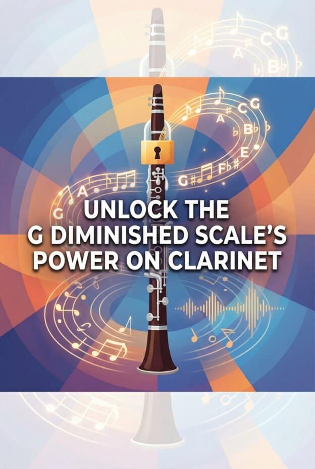 G Whole-Half Diminished Scale on Clarinet: Fingerings, Uses & Practice 1 Close-up of a clarinet with a lock symbol, musical notes, and colorful abstract background, highlighting clarinet features and the G diminished scale for music education and instrument enthusiasts.