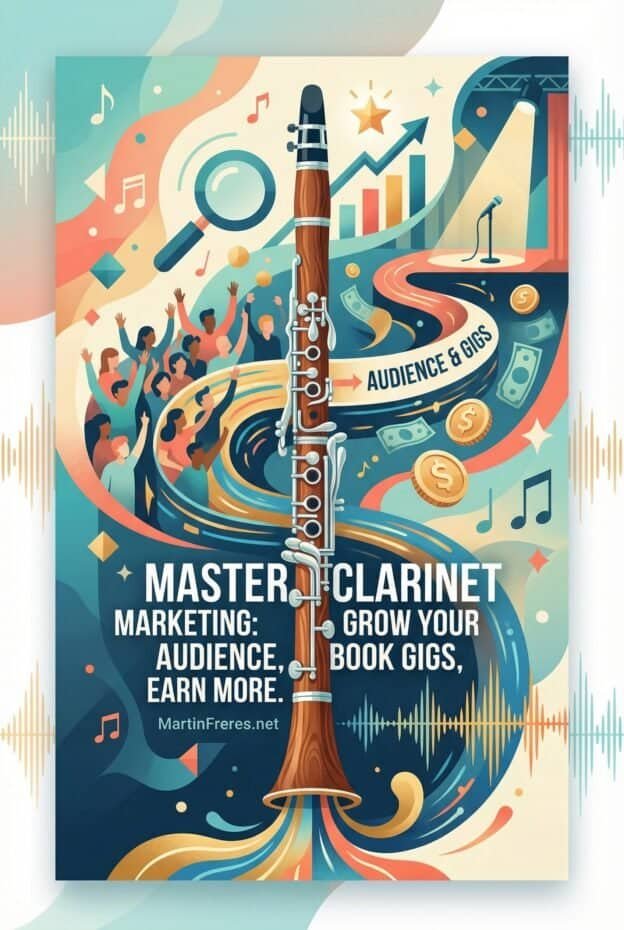 Clear and descriptive alt text about a colorful artistic poster highlighting master clarinet marketing, audience engagement, and gig growth.