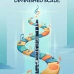 B Whole-Half Diminished Scale Clarinet Fingering Chart & Practice Guide Image of a musical scale with a clarinet and musical notes, illustrating the B whole-half scale for woodwind instruments. Perfect for music students and professionals.