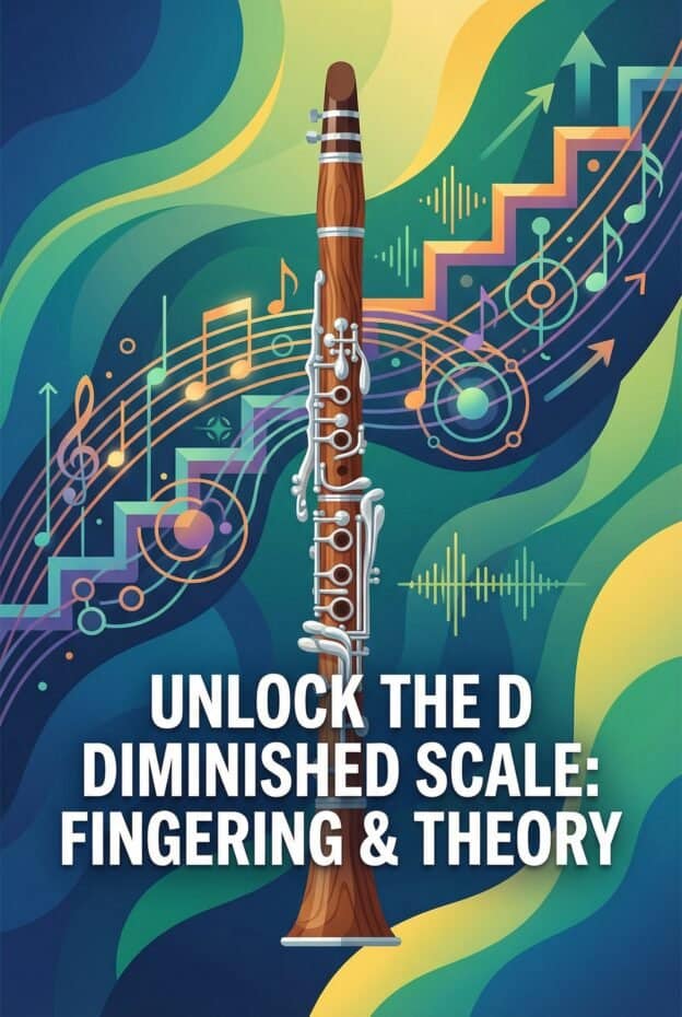 D Half-Whole Diminished Scale for Clarinet: Fingering Chart, Theory & Practice 1 Vibrant digital artwork of a flute with musical notes, sound waves, and colorful abstract background, highlighting the concept of unlocking the diminished scale for musical exploration and theory.