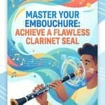 Clarinet Embouchure Leak Prevention: Complete Guide To A Secure Seal Illustration of a person playing the clarinet with colorful musical notes and vibrant waves, emphasizing mastery in clarinet techniques and performance.