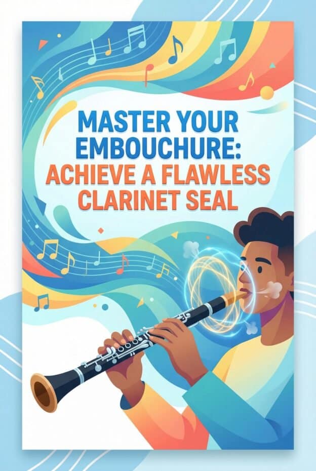 Clarinet Embouchure Leak Prevention: Complete Guide To A Secure Seal 1 Illustration of a person playing the clarinet with colorful musical notes and vibrant waves, emphasizing mastery in clarinet techniques and performance.