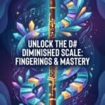 D# Half-Whole Diminished Scale on Clarinet: Fingerings, Theory & Practice Bright digital illustration of a clarinet with colorful musical notes and crystals, promoting mastery in D# diminished scale fingerings and musical techniques.
