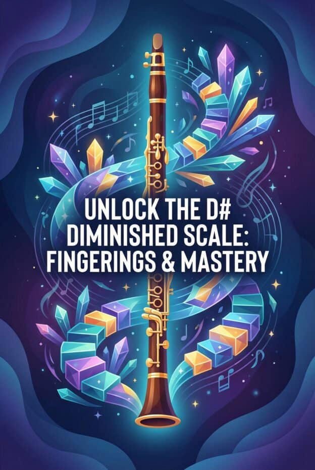 D# Half-Whole Diminished Scale on Clarinet: Fingerings, Theory & Practice 1 Bright digital illustration of a clarinet with colorful musical notes and crystals, promoting mastery in D# diminished scale fingerings and musical techniques.