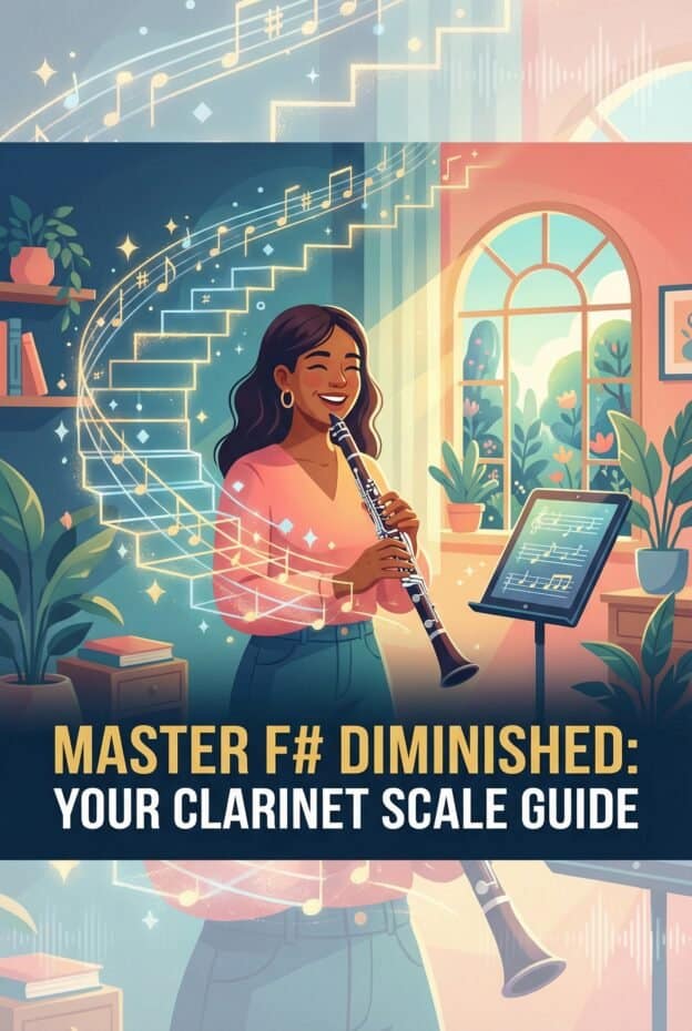F# Half-Whole Diminished Scale on Clarinet: Fingering Chart, Practice & Use 5 Vibrant illustration of a woman playing clarinet with musical notes and scales, representing mastery and musical expertise, suitable for promoting clarinet scale guides and music education content.