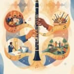 Clarinet Charity Work: Concerts, Donations, Therapy & Community Impact An illustration of a clarinet surrounded by scenes of musical performances, community gatherings, hospital healing, and outdoor gardening, highlighting how Martin Freres' clarinets inspire philanthropic activities.