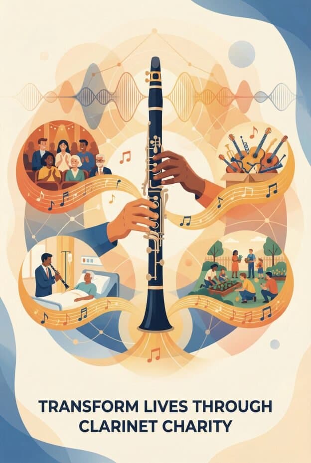 Clarinet Charity Work: Concerts, Donations, Therapy & Community Impact 1 An illustration of a clarinet surrounded by scenes of musical performances, community gatherings, hospital healing, and outdoor gardening, highlighting how Martin Freres' clarinets inspire philanthropic activities.