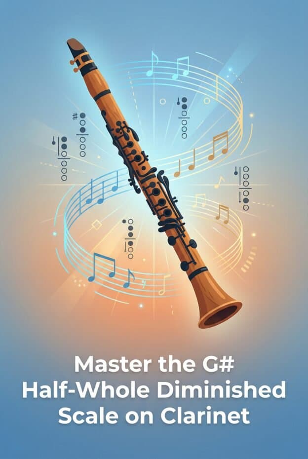 G# Half-Whole Diminished Scale Clarinet Guide with Fingering Chart 4 Clarinet with musical notes and digital sound waves, promoting mastering the G# Half-Whole Diminished Scale.