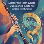 A Half-Whole Diminished Scale on Clarinet: Fingerings, Charts & Practice Vibrant illustration of a person playing the flute with musical notes and sound waves, emphasizing mastery of the half-whole diminished scale. Ideal for flute players and musicians seeking advanced technique on Martin Freres instruments.