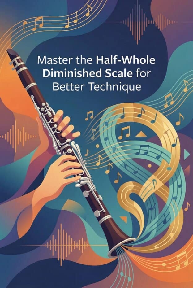 A Half-Whole Diminished Scale on Clarinet: Fingerings, Charts & Practice 1 Vibrant illustration of a person playing the flute with musical notes and sound waves, emphasizing mastery of the half-whole diminished scale. Ideal for flute players and musicians seeking advanced technique on Martin Freres instruments.