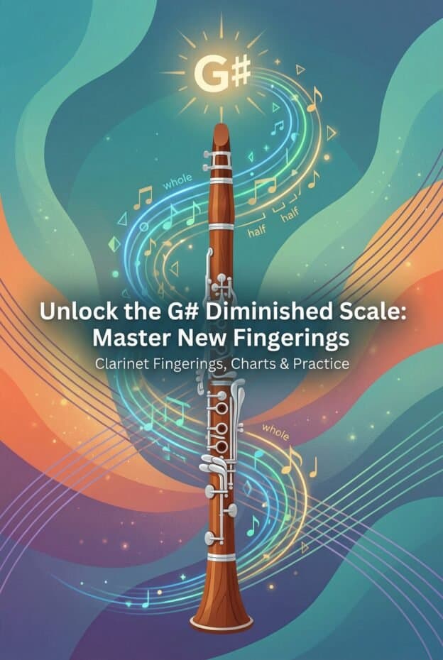A colorful digital illustration of a clarinet with musical notes and wave patterns, emphasizing music theory and practice; designed for musicians and music learners.