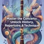 Clarinet Concerto: History, Repertoire, Technique and Performance Guide Icon of a woman conducting with a grand musical score and orchestra in the background, promoting mastery of concertos, music repertoire, and performance techniques.