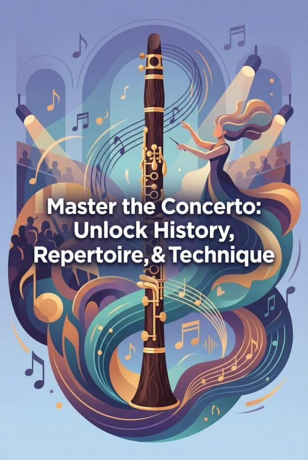 Clarinet Concerto: History, Repertoire, Technique and Performance Guide 1 Icon of a woman conducting with a grand musical score and orchestra in the background, promoting mastery of concertos, music repertoire, and performance techniques.