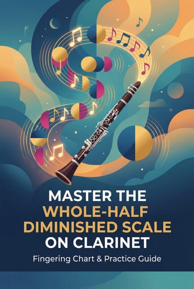 Vibrant digital illustration of a clarinet with swirling musical notes and colorful abstract background, emphasizing musical mastery and practice guide.