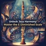 E Whole-Half Diminished Scale on Clarinet: Notes, Fingerings & Jazz Uses Close-up of jazz clarinet with flowing musical notes and abstract harmony backdrop emphasizing musical mastery and jazz harmony techniques.