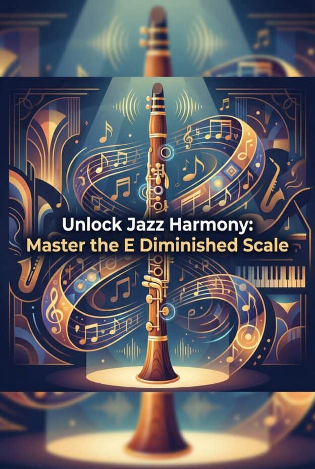Close-up of jazz clarinet with flowing musical notes and abstract harmony backdrop emphasizing musical mastery and jazz harmony techniques.