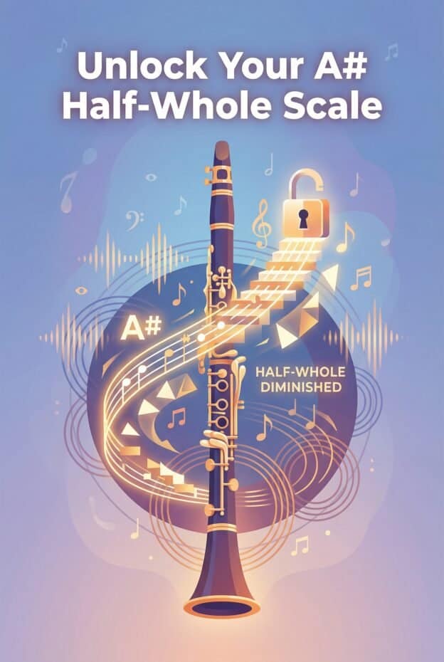 Digital musical scale illustration for A# half-whole diminished scale. Ideal for music education, professional musicians, and music theory enthusiasts.