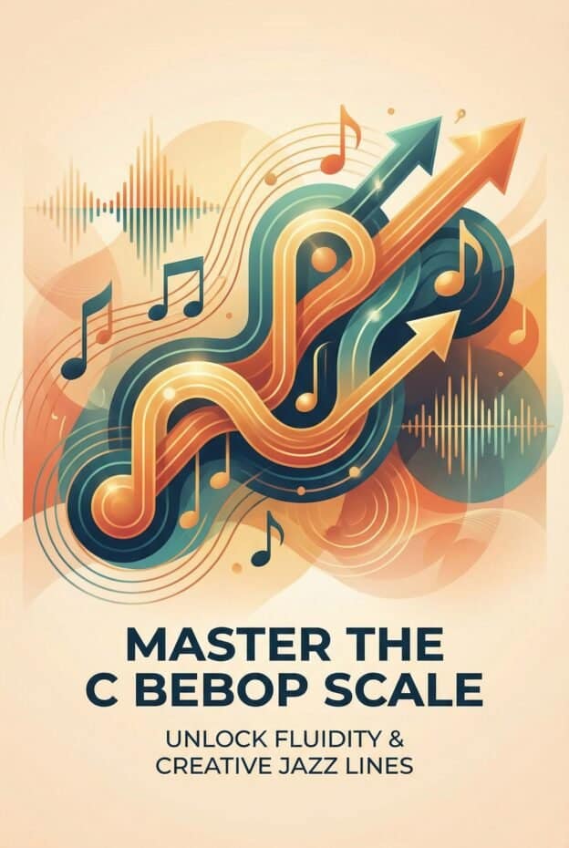 Wide-angle image showcasing musical notes, sound waves, and upward arrows symbolizing musical mastery and growth, ideal for Martin Freres Company’s branding.