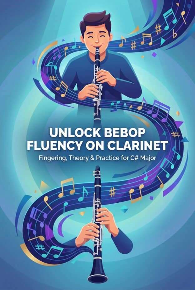 C# Bebop Major Scale for Clarinet: Fingering Chart, Theory & Practice 1 A cheerful young man playing the clarinet surrounded by musical notes and vibrant swirling colors, promoting a guide to mastering bebop fluency and musical theory for C# Major.