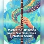D# Bebop Major Scale Clarinet Guide with Fingerings & Practice Tips Colorful illustration of a person playing a clarinet with musical notes and waveforms floating around, highlighting Martin Freres Company’s expertise in musical instruments and jazz music education.