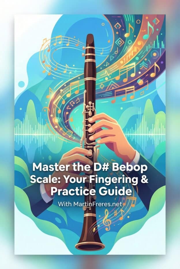 Colorful illustration of a person playing a clarinet with musical notes and waveforms floating around, highlighting Martin Freres Company’s expertise in musical instruments and jazz music education.