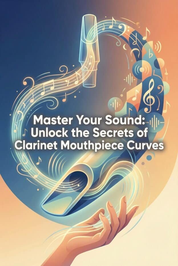 An artistic illustration of a clarinet with musical notes and waveforms, emphasizing mastering sound and clarinet mouthpiece curves.