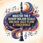 F Bebop Major Scale for Clarinet: Notes, Fingerings & Practice Guide Clarinets, jazz music, and musical notes are featured in a colorful, artistic design. This image promotes jazz improvisation, music mastery, and performance, making it ideal for music learning, jazz events, and musical instrument branding.