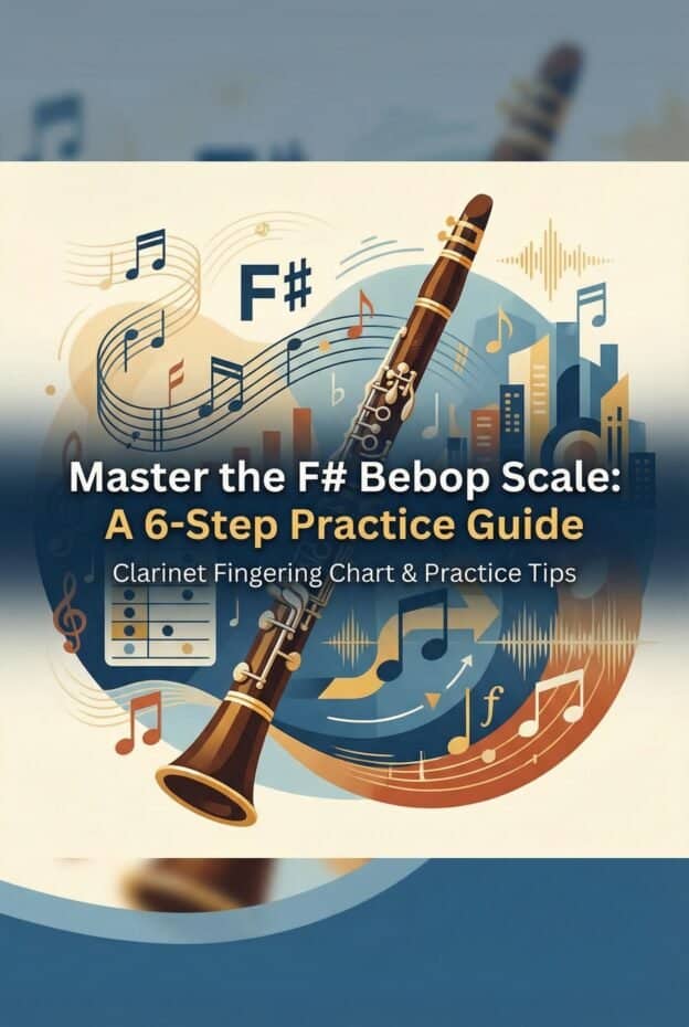 F# Bebop Major Scale Clarinet Fingering Chart & 6-Step Practice Guide 1 Image of a clarinet with musical notes, Bebop scale, cityscape, and music symbols, offering a comprehensive online clarinet instruction guide focusing on jazz scales and practice tips.
