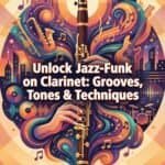 Vibrant abstract jazz clarinet with musical notes, cityscape, and instruments, representing jazz-funk grooves, tones, and techniques for music enthusiasts and musicians.