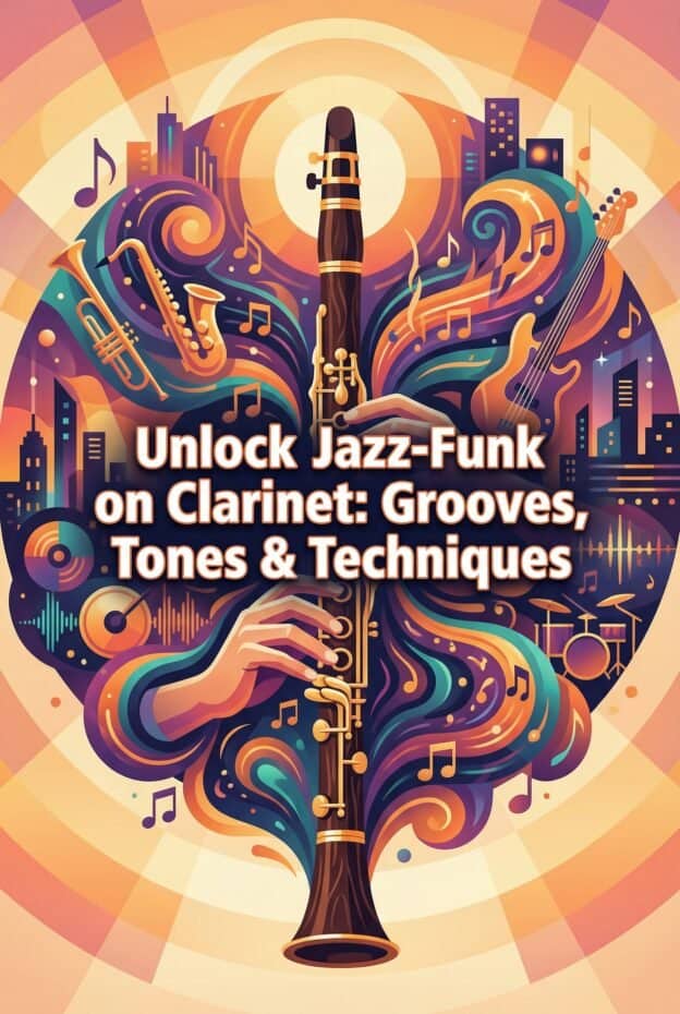 Clarinet in Jazz-Funk and Free Funk: Techniques, Tone, and Important Listening 1 Vibrant abstract jazz clarinet with musical notes, cityscape, and instruments, representing jazz-funk grooves, tones, and techniques for music enthusiasts and musicians.