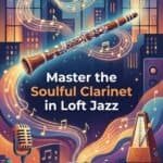 Charming image of a clarinet amidst musical notes, city skyline at night, moon, and jazz-themed elements, promoting mastering soulful clarinet in loft jazz music sessions.