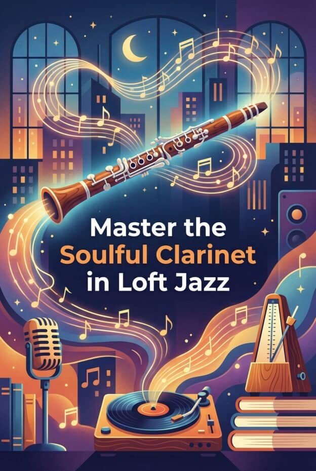 Charming image of a clarinet amidst musical notes, city skyline at night, moon, and jazz-themed elements, promoting mastering soulful clarinet in loft jazz music sessions.
