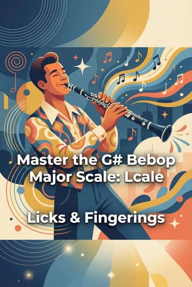 G# Bebop Major Scale on Clarinet: Fingerings, Licks & History Guide 1 Colorful illustration of a jazz musician playing the clarinet, with vibrant musical notes and abstract background, promoting jazz music lessons, scales, and fingerings.