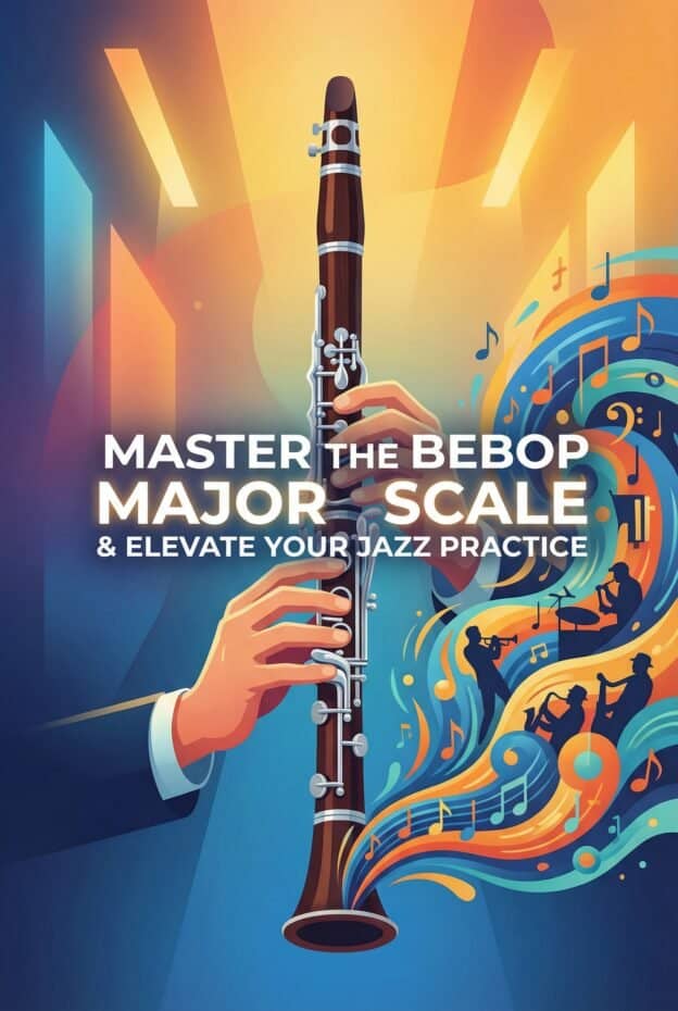 A vibrant digital illustration showcasing jazz musical elements, focusing on the mastery of the bebop major scale and elevating jazz practice, featuring a musician playing a clarinet surrounded by colorful musical notes.