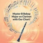 B Bebop Major Scale Clarinet Fingering Chart: Notes, Tips & PDF Vibrant digital poster showcasing a clarinet surrounded by musical notes and wave patterns, promoting Master B Bebop's clarinet chart for jazz enthusiasts and musicians.