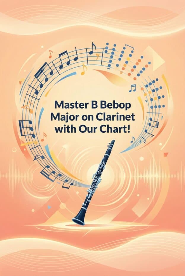 Vibrant digital poster showcasing a clarinet surrounded by musical notes and wave patterns, promoting Master B Bebop's clarinet chart for jazz enthusiasts and musicians.