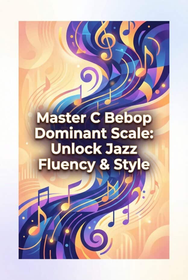 Vibrant musical notes and colorful abstract background promoting jazz fluency and style.