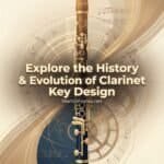 Clarinet Key Placement: Historical Evolution and Mechanical Design Detailed image of a clarinet with musical notes and gears, showcasing the instrument's history, evolution, and key design features, highlighting craftsmanship and musical heritage.