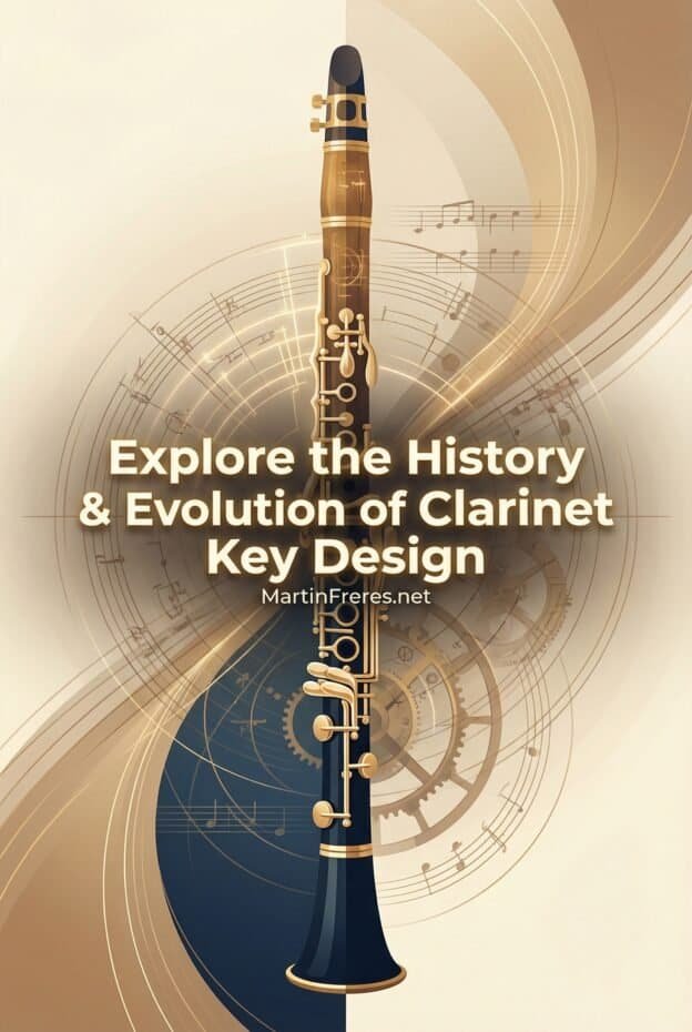 Clarinet Key Placement: Historical Evolution and Mechanical Design 1 Detailed image of a clarinet with musical notes and gears, showcasing the instrument's history, evolution, and key design features, highlighting craftsmanship and musical heritage.