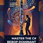 C# Bebop Dominant Scale on Clarinet: Notes, Fingerings & Practice Image features a musician playing a clarinet with dynamic musical notes and graphics illustrating the C# bebop dominant scale, ideal for jazz improvisation and music theory education.