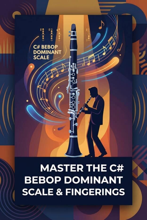 C# Bebop Dominant Scale on Clarinet: Notes, Fingerings & Practice 1 Image features a musician playing a clarinet with dynamic musical notes and graphics illustrating the C# bebop dominant scale, ideal for jazz improvisation and music theory education.