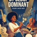 D# Bebop Dominant Scale for Clarinet: Notes, Fingerings & Jazz Use Jazz music poster featuring a woman playing the flute surrounded by musical instruments and notes, promoting jazz instruments and music products from Martin Freres Company.