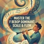 F Bebop Dominant Scale on Clarinet: Fingering Chart, Patterns & Practice Guide Vibrant abstract music graphic with a man playing a clarinet, musical notes, and swirling waveforms, promoting mastery in BEBOP dominant scale & flow.