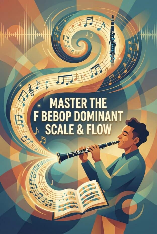F Bebop Dominant Scale on Clarinet: Fingering Chart, Patterns & Practice Guide 1 Vibrant abstract music graphic with a man playing a clarinet, musical notes, and swirling waveforms, promoting mastery in BEBOP dominant scale & flow.