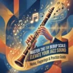 F# Bebop Dominant Scale on Clarinet: Notes, Fingerings & Practice Guide A vibrant image illustrating jazz music mastery with a clarinet, musical notes, and themed text about elevating jazz sound through notes, fingerings, and practice.