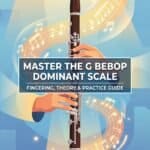 G Bebop Dominant Scale for Clarinet: Fingering, Theory & Practice Guide Illustration of a clarinet with musical notes and vibrant background, promoting a fingering and theory guide for jazz musicians to master the G bebop dominant scale.