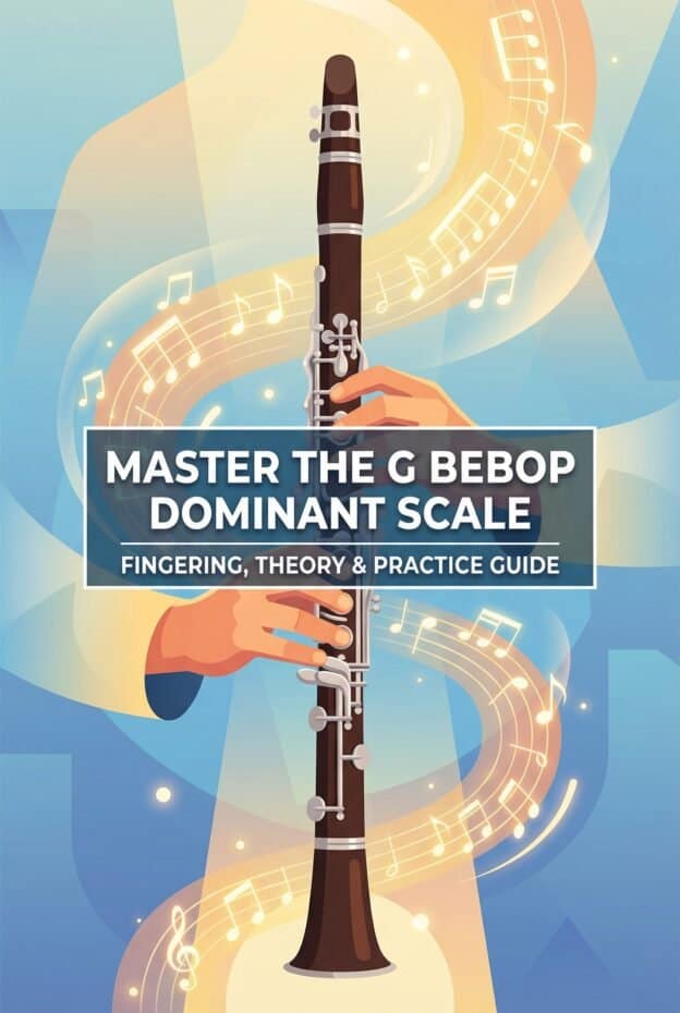 G Bebop Dominant Scale for Clarinet: Fingering, Theory & Practice Guide 1 Illustration of a clarinet with musical notes and vibrant background, promoting a fingering and theory guide for jazz musicians to master the G bebop dominant scale.