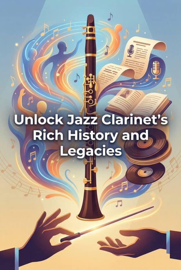Elegant jazz clarinet with musical notes, sheet music, and vinyl records; symbolizes rich jazz heritage and musical craftsmanship.